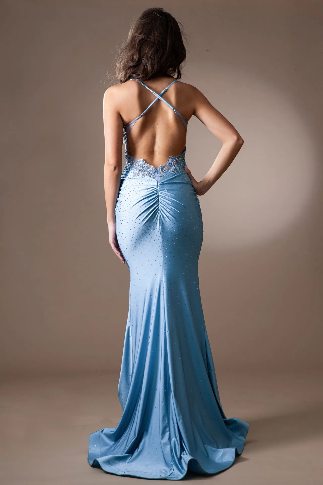 AC TM1018 - Hot Stone Embellished Stretch Jersey Fit & Flare Prom Gown with Sheer Beaded Lace Corset Bodice & Strappy Open Back