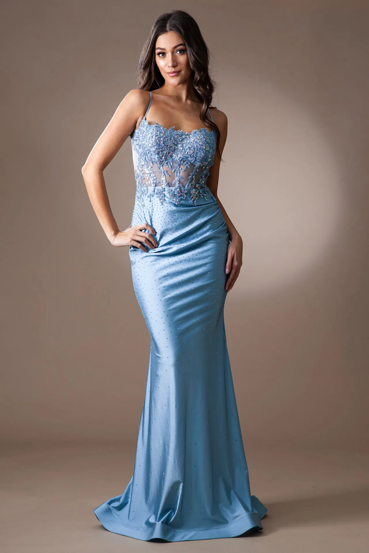 AC TM1018 - Hot Stone Embellished Stretch Jersey Fit & Flare Prom Gown with Sheer Beaded Lace Corset Bodice & Strappy Open Back