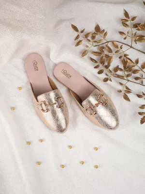 Bellies for Women |Slip on Gold Juttis Soft Padded |Stonework Mules for Ladies| Sparkling Upper |Gold Open Casual Flats