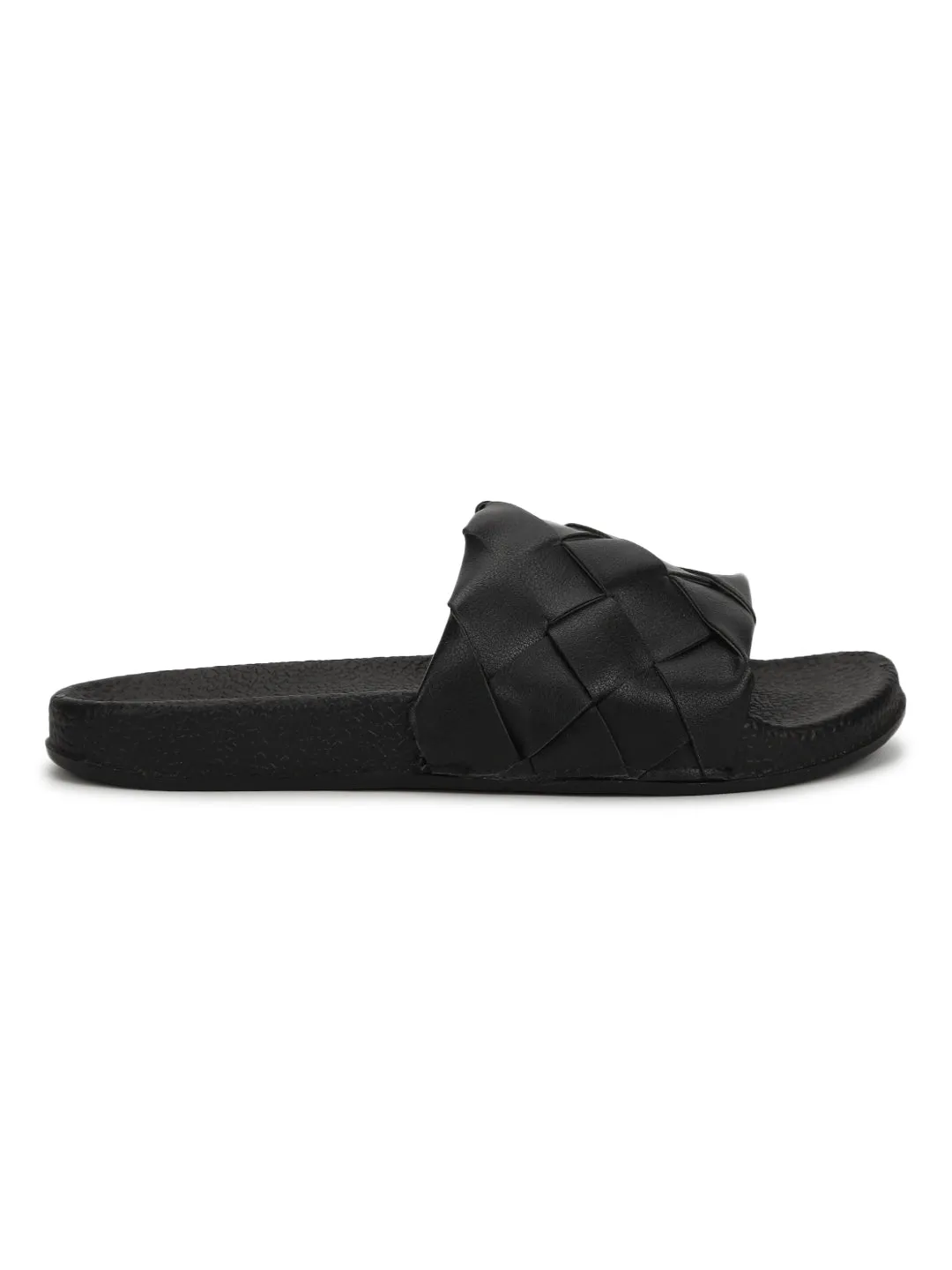 Black PU Braided Strap Slides