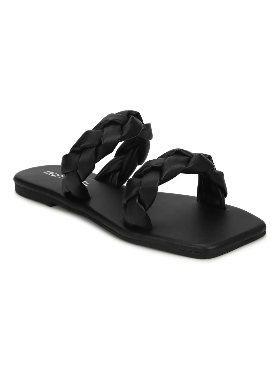 Black PU Braided Strap Slides