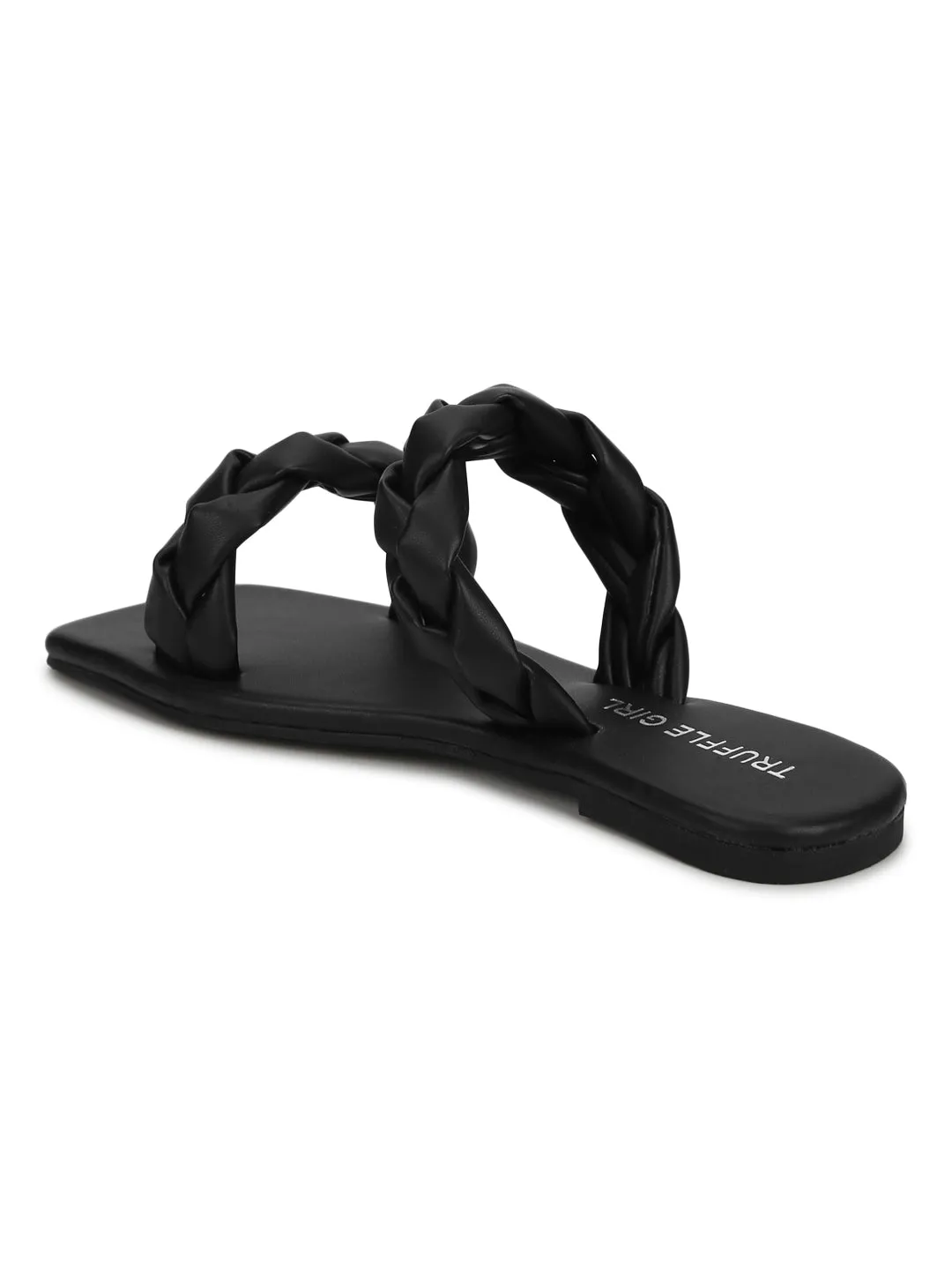 Black PU Braided Strap Slides