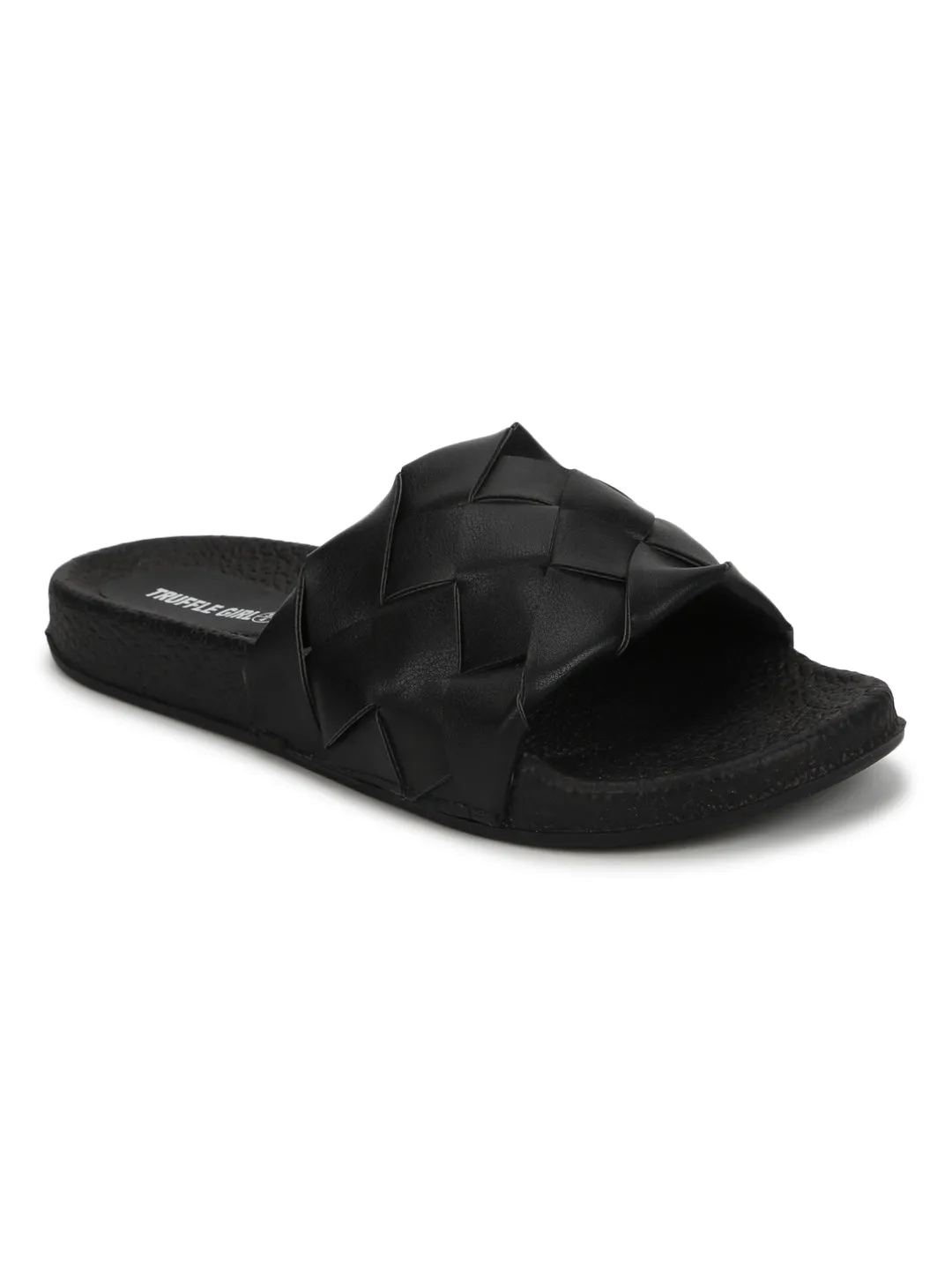 Black PU Braided Strap Slides