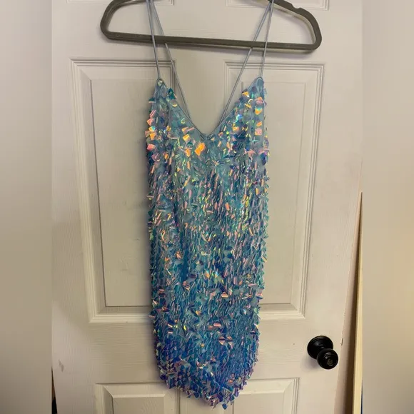 Blondie Nites Sequin Pointed Hem Mini Dress White Blue New With Tag Size 7 Small