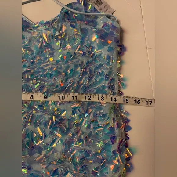 Blondie Nites Sequin Pointed Hem Mini Dress White Blue New With Tag Size 7 Small