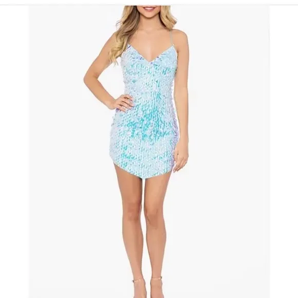Blondie Nites Sequin Pointed Hem Mini Dress White Blue New With Tag Size 7 Small