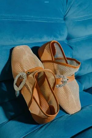Brown Fishnet Buckle Flats