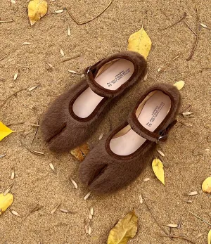 Brown Fur Split-Toe Mary Jane Shoes