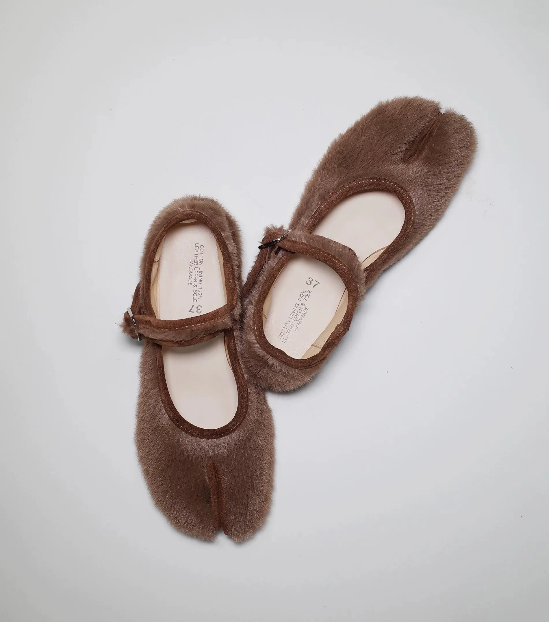 Brown Fur Split-Toe Mary Jane Shoes
