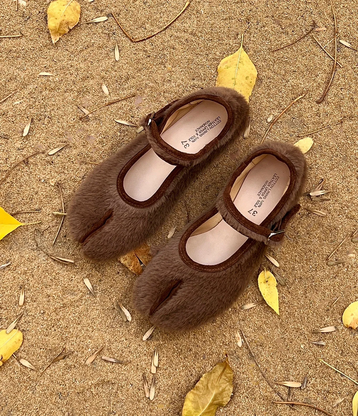 Brown Fur Split-Toe Mary Jane Shoes