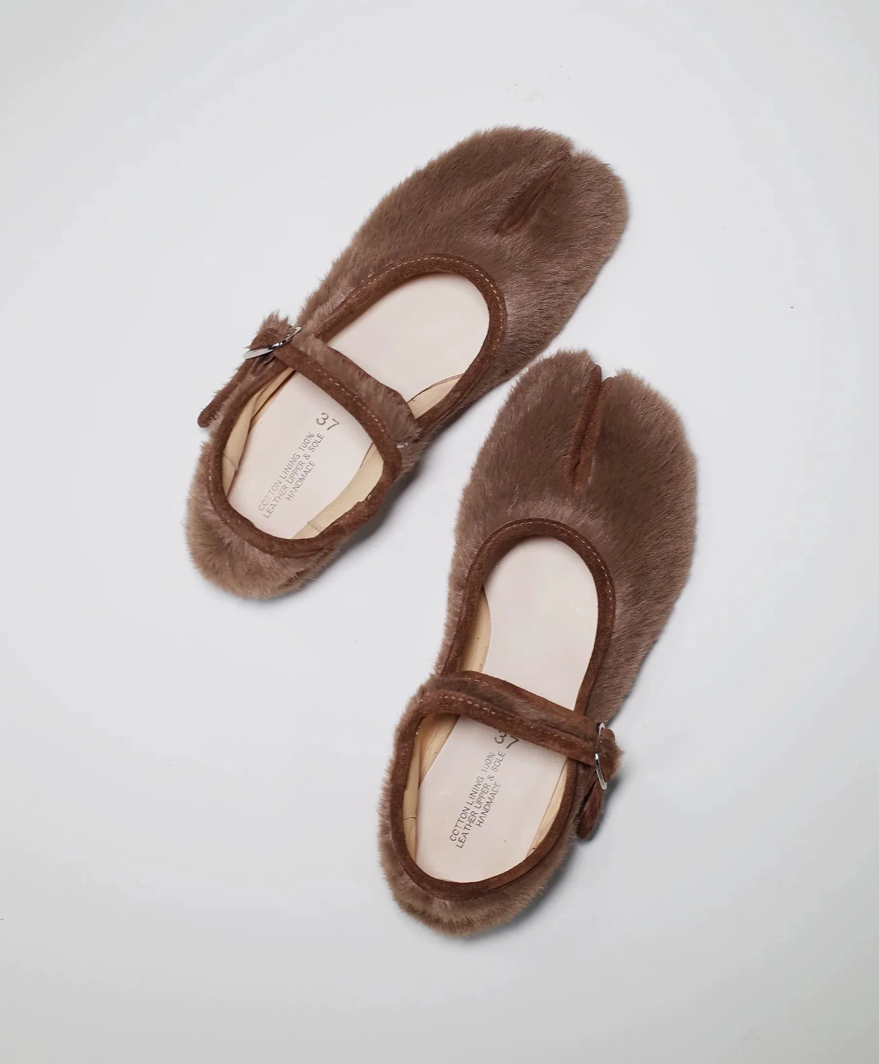 Brown Fur Split-Toe Mary Jane Shoes