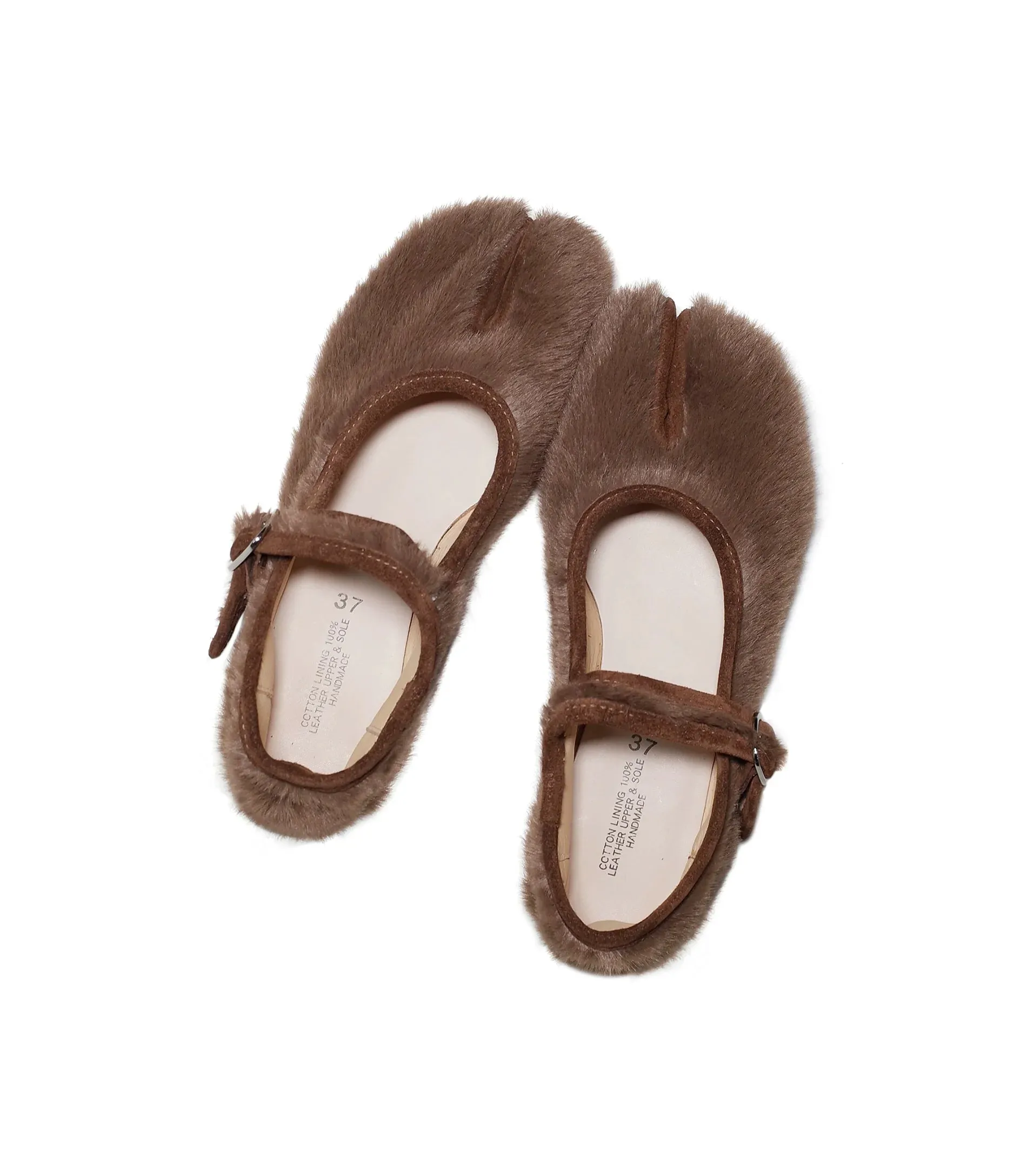 Brown Fur Split-Toe Mary Jane Shoes