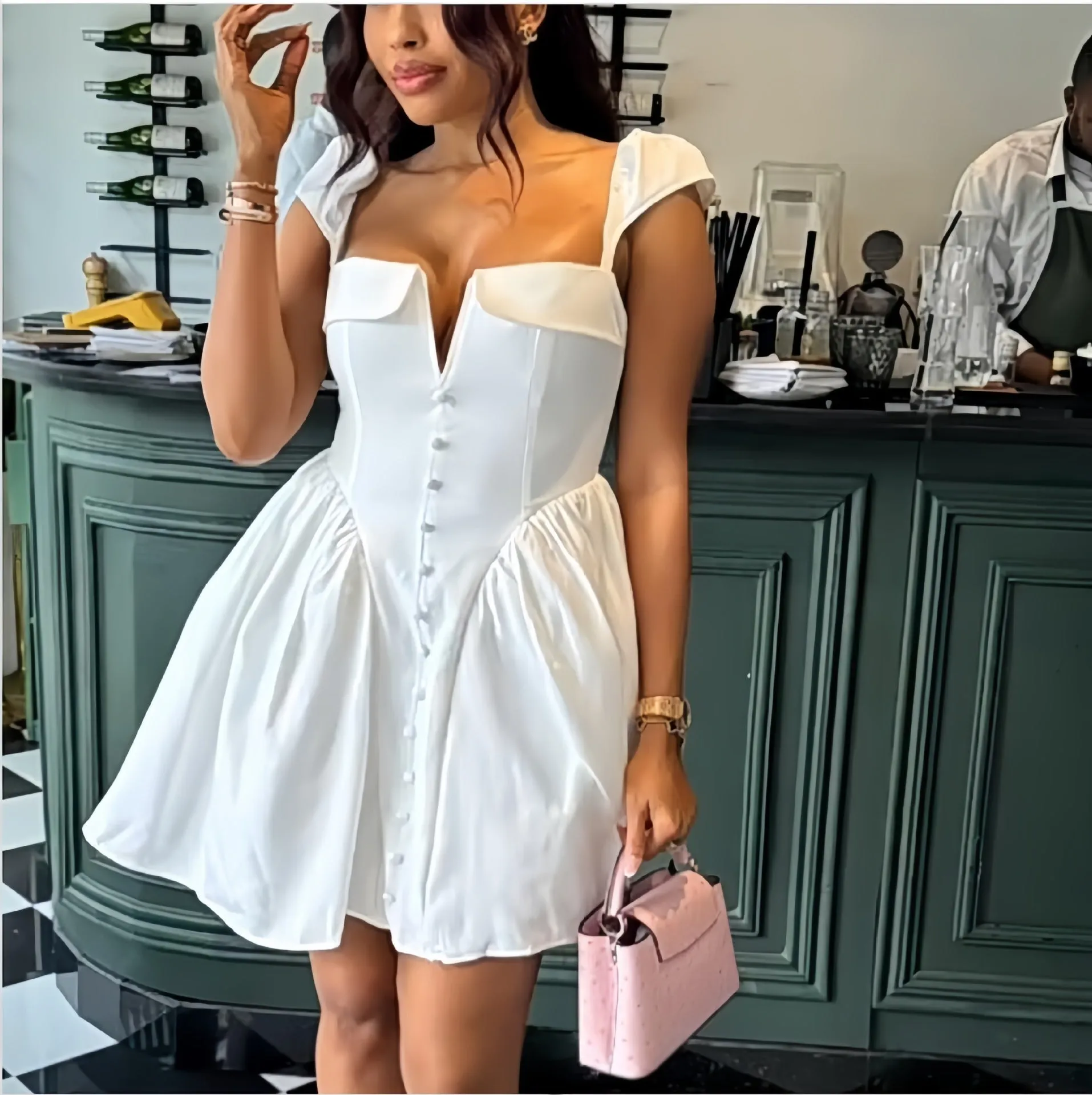 Charming V-Neck Pleated Button-Front Mini Dress