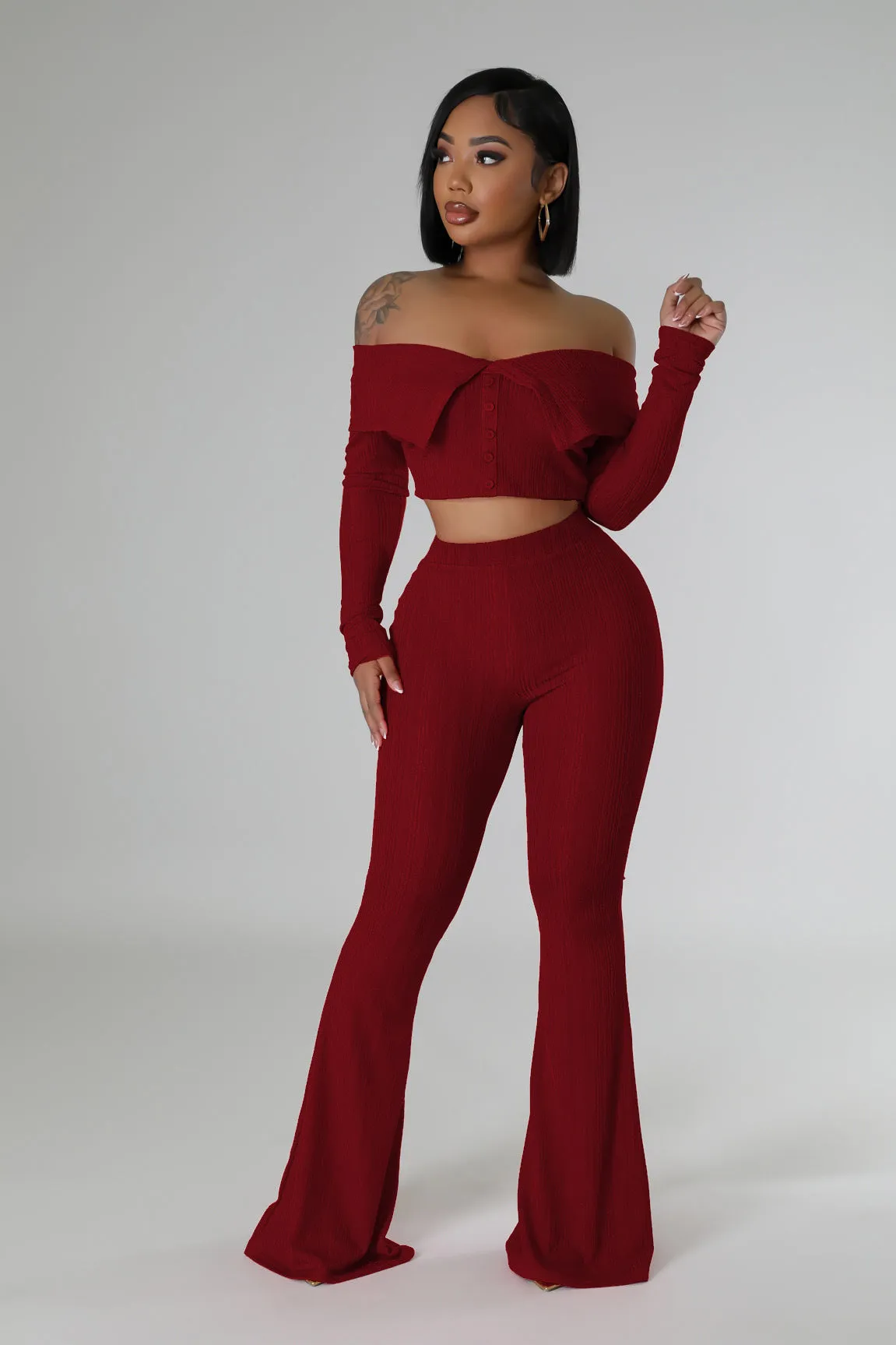 Chic Off-Shoulder Crop Top and Flared Wide-Leg Pants Two-Piece Set