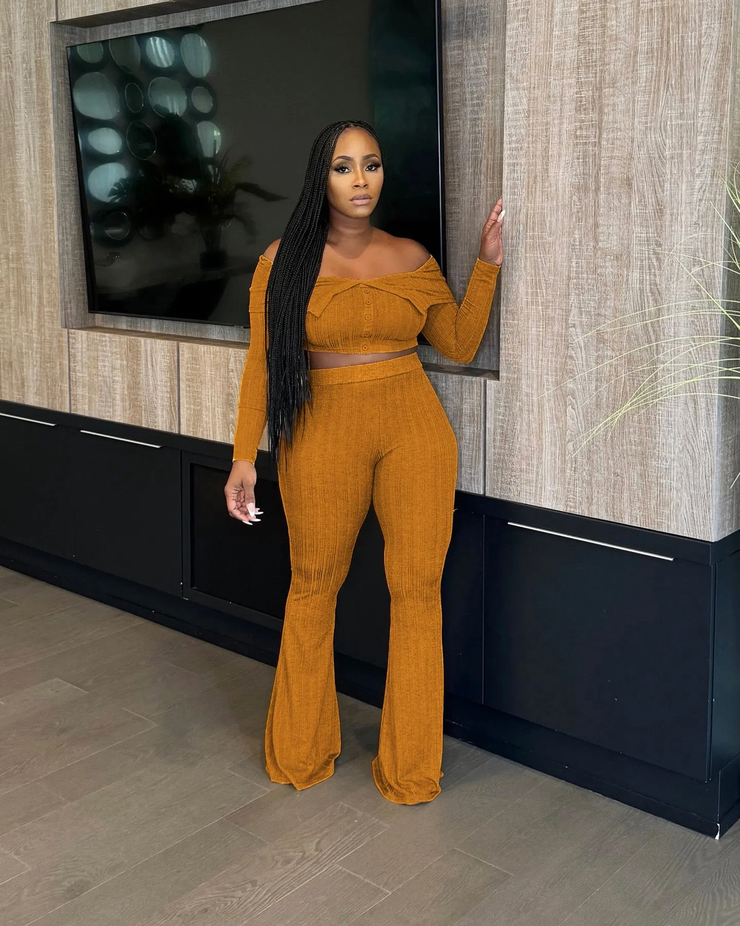 Chic Off-Shoulder Crop Top and Flared Wide-Leg Pants Two-Piece Set