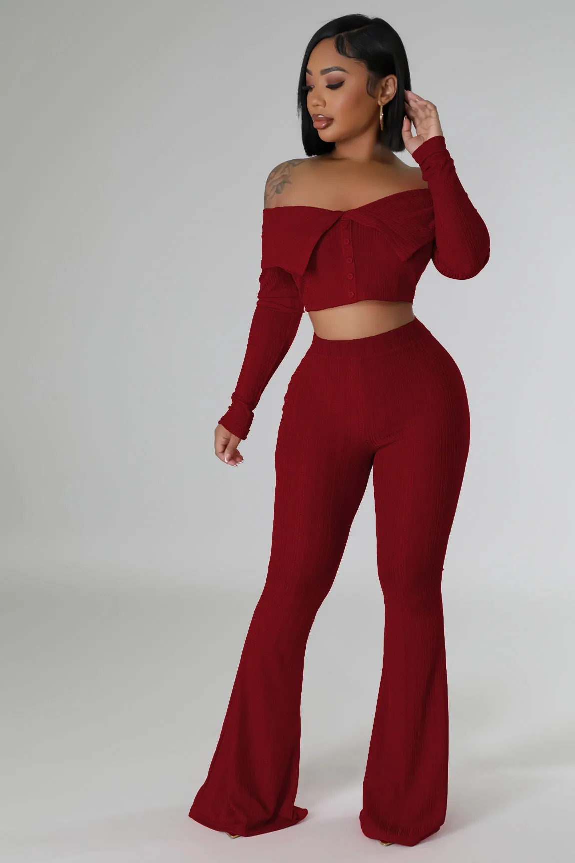 Chic Off-Shoulder Crop Top and Flared Wide-Leg Pants Two-Piece Set