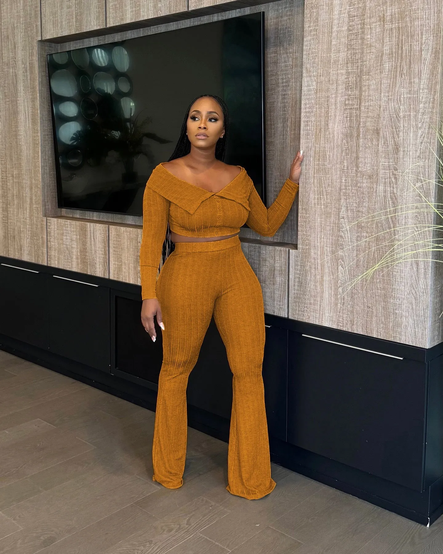 Chic Off-Shoulder Crop Top and Flared Wide-Leg Pants Two-Piece Set