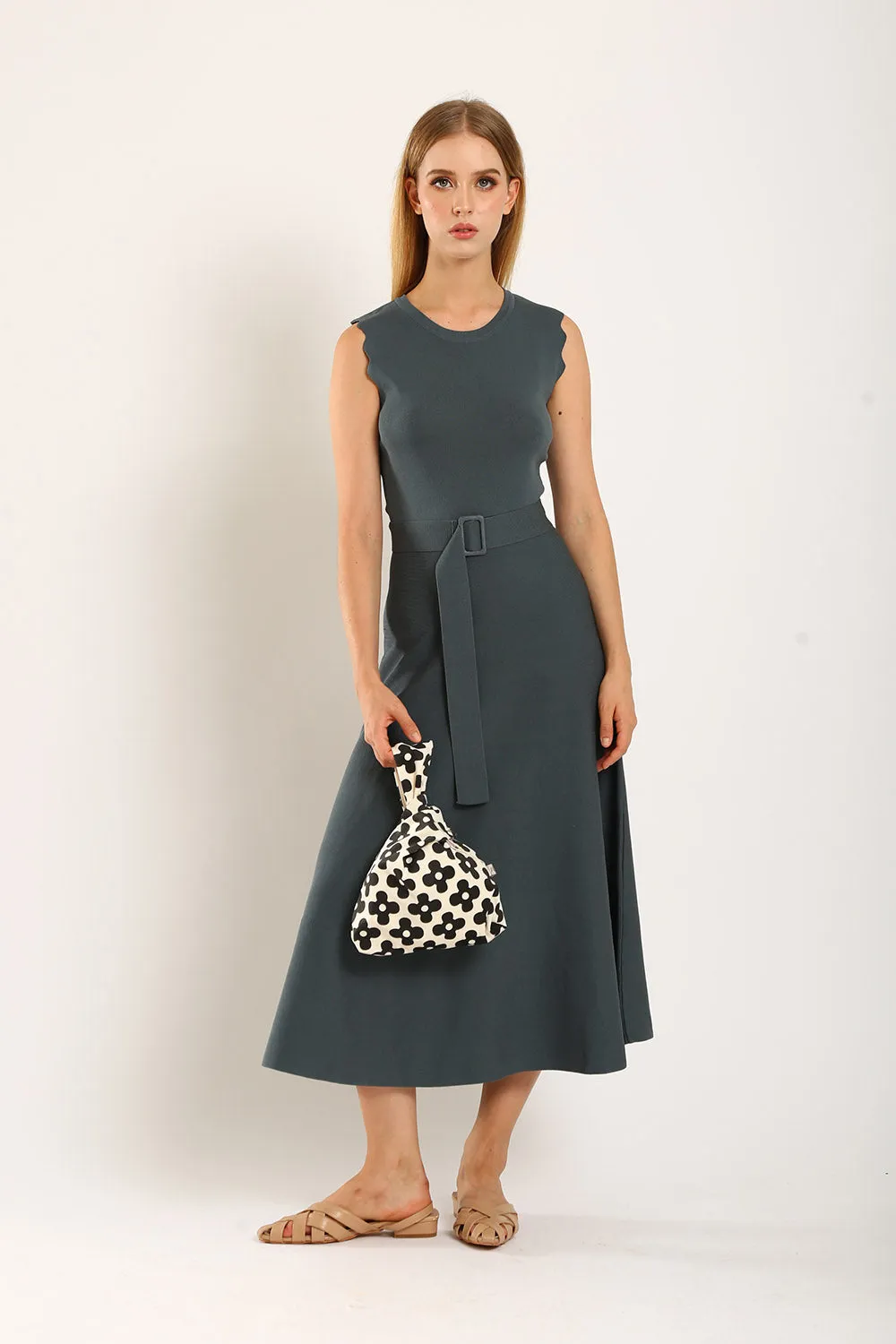 Clabelle Knit Belted Dress in Gun Metal