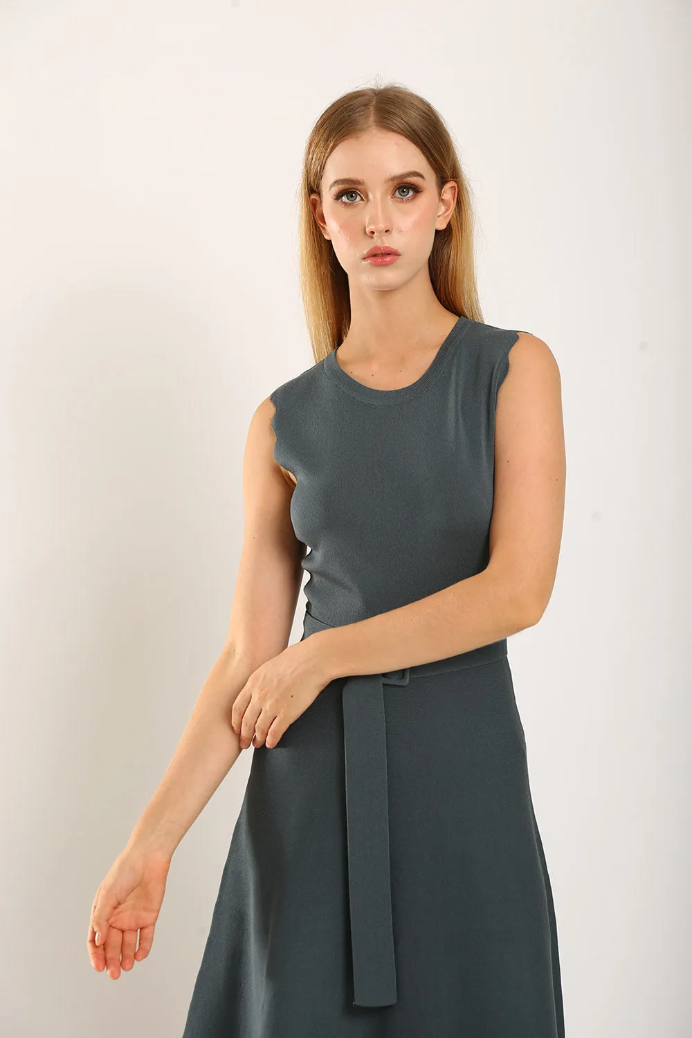 Clabelle Knit Belted Dress in Gun Metal