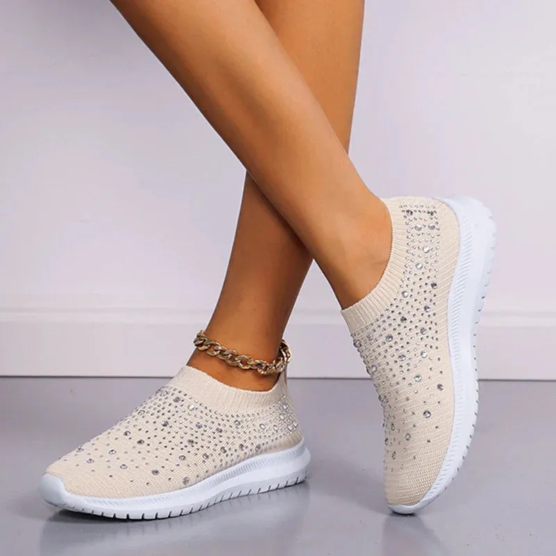 Crystal Breathable Mesh Sneaker Shoes for Women Comfortable Soft Bottom Flats Plus Non Slip