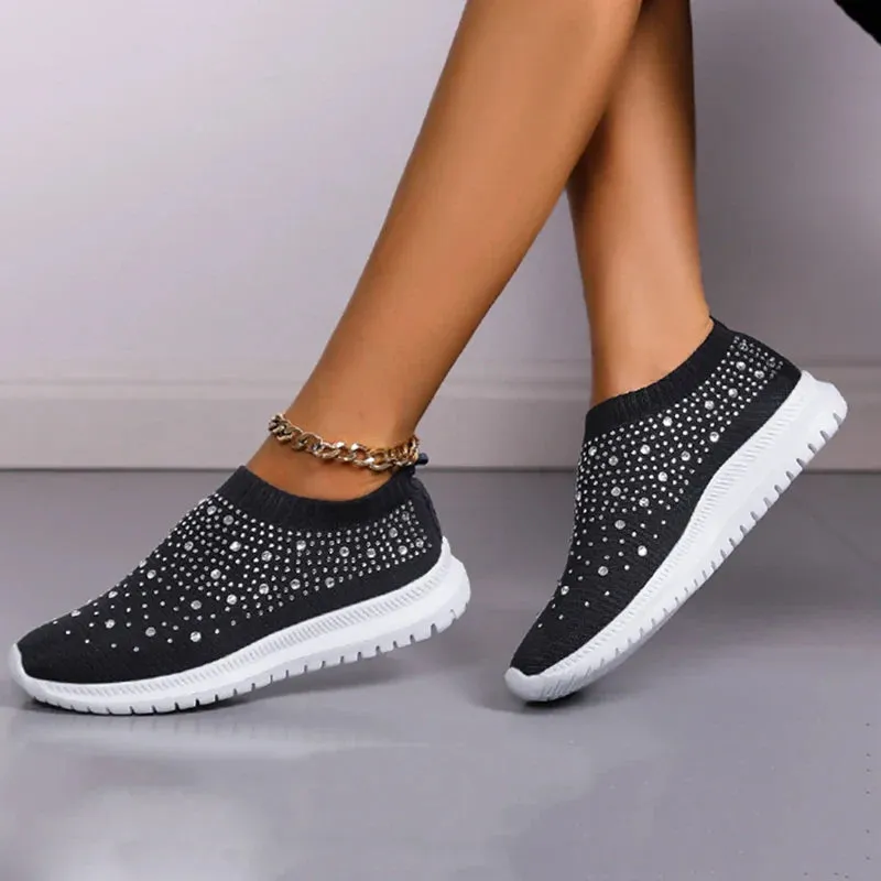 Crystal Breathable Mesh Sneaker Shoes for Women Comfortable Soft Bottom Flats Plus Non Slip