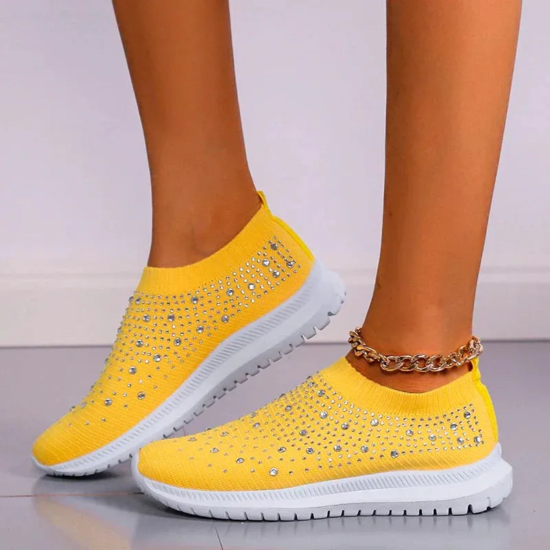 Crystal Breathable Mesh Sneaker Shoes for Women Comfortable Soft Bottom Flats Plus Non Slip