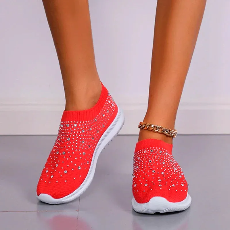 Crystal Breathable Mesh Sneaker Shoes for Women Comfortable Soft Bottom Flats Plus Non Slip