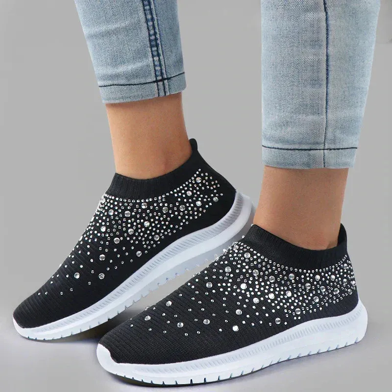 Crystal Breathable Mesh Sneaker Shoes for Women Comfortable Soft Bottom Flats Plus Non Slip