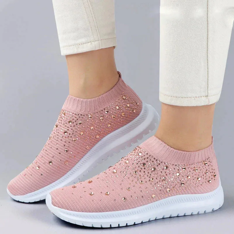 Crystal Breathable Mesh Sneaker Shoes for Women Comfortable Soft Bottom Flats Plus Non Slip
