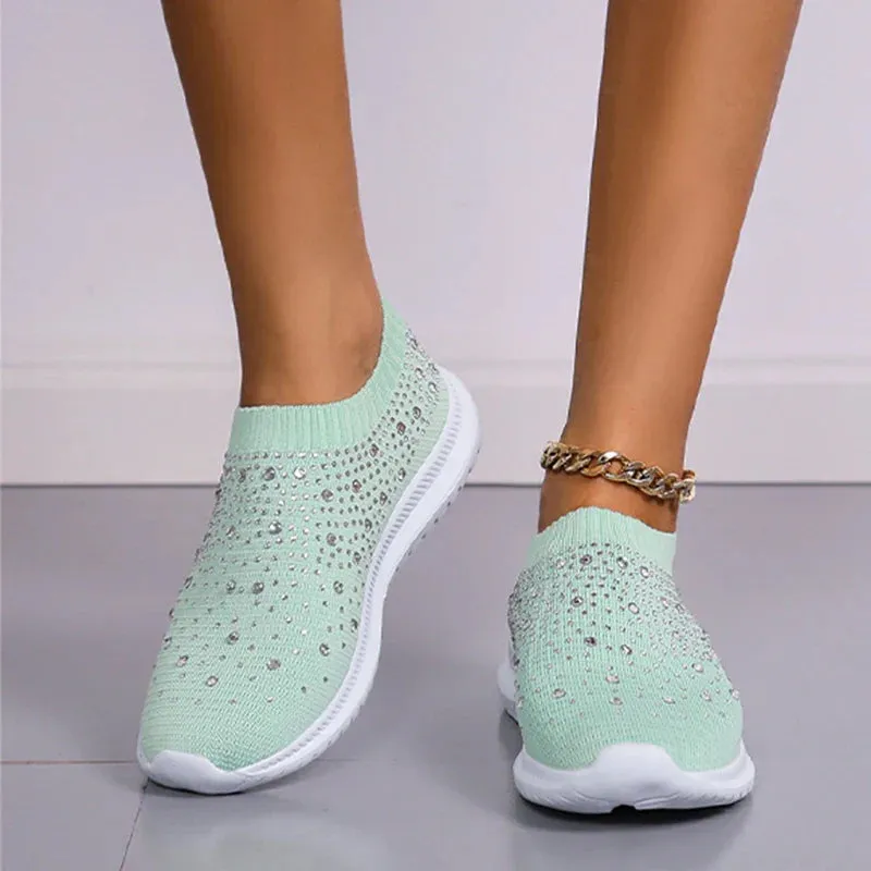 Crystal Breathable Mesh Sneaker Shoes for Women Comfortable Soft Bottom Flats Plus Non Slip