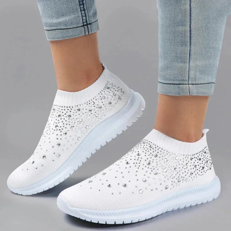Crystal Breathable Mesh Sneaker Shoes for Women Comfortable Soft Bottom Flats Plus Non Slip