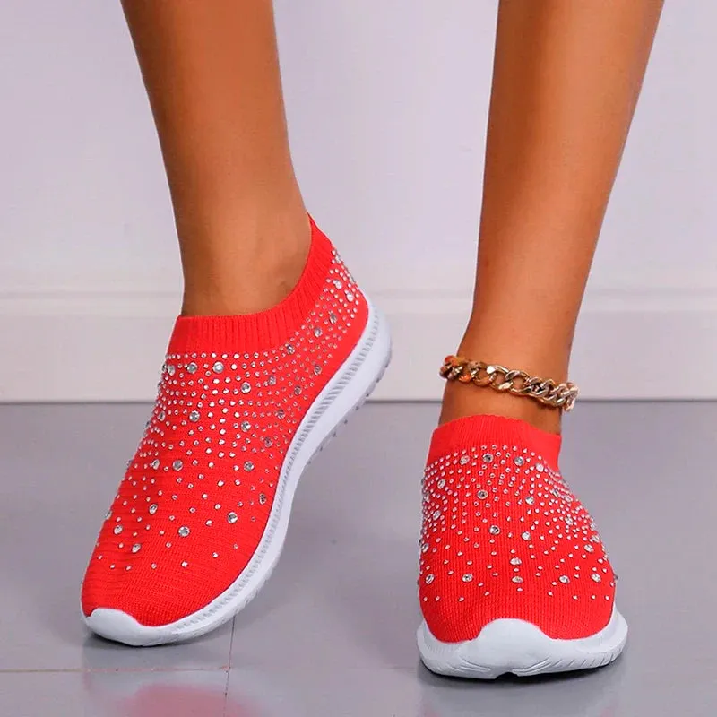 Crystal Breathable Mesh Sneaker Shoes for Women Comfortable Soft Bottom Flats Plus Non Slip