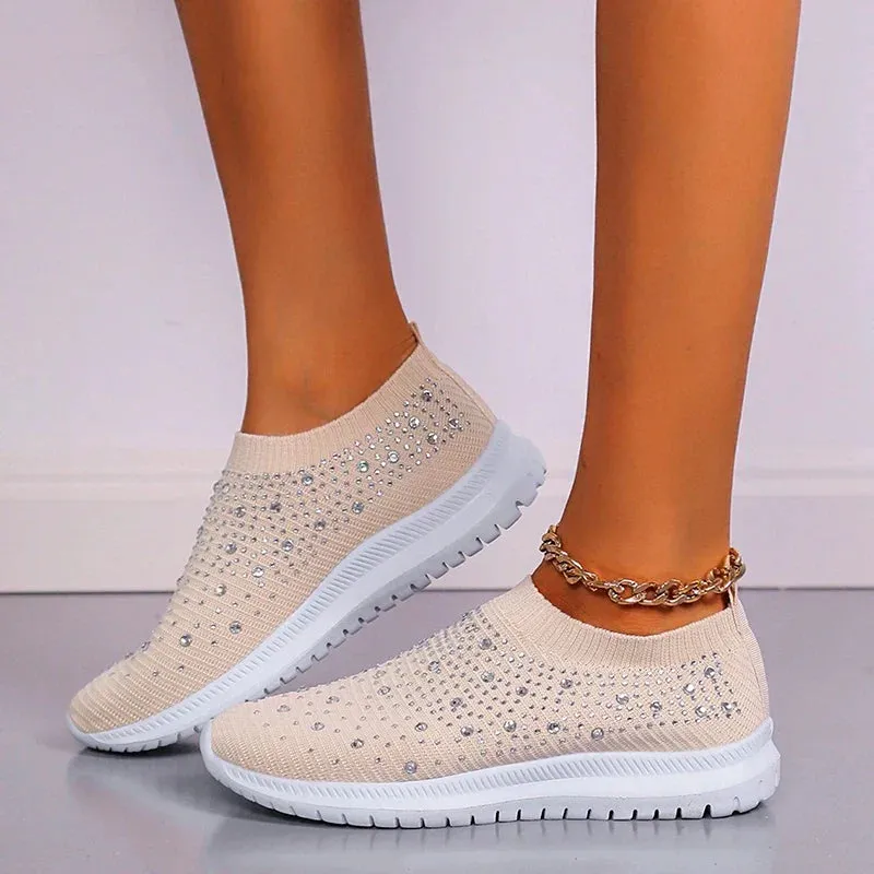 Crystal Breathable Mesh Sneaker Shoes for Women Comfortable Soft Bottom Flats Plus Non Slip