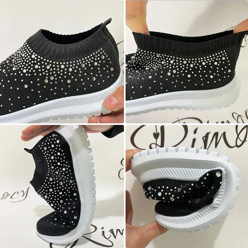 Crystal Breathable Mesh Sneaker Shoes for Women Comfortable Soft Bottom Flats Plus Non Slip