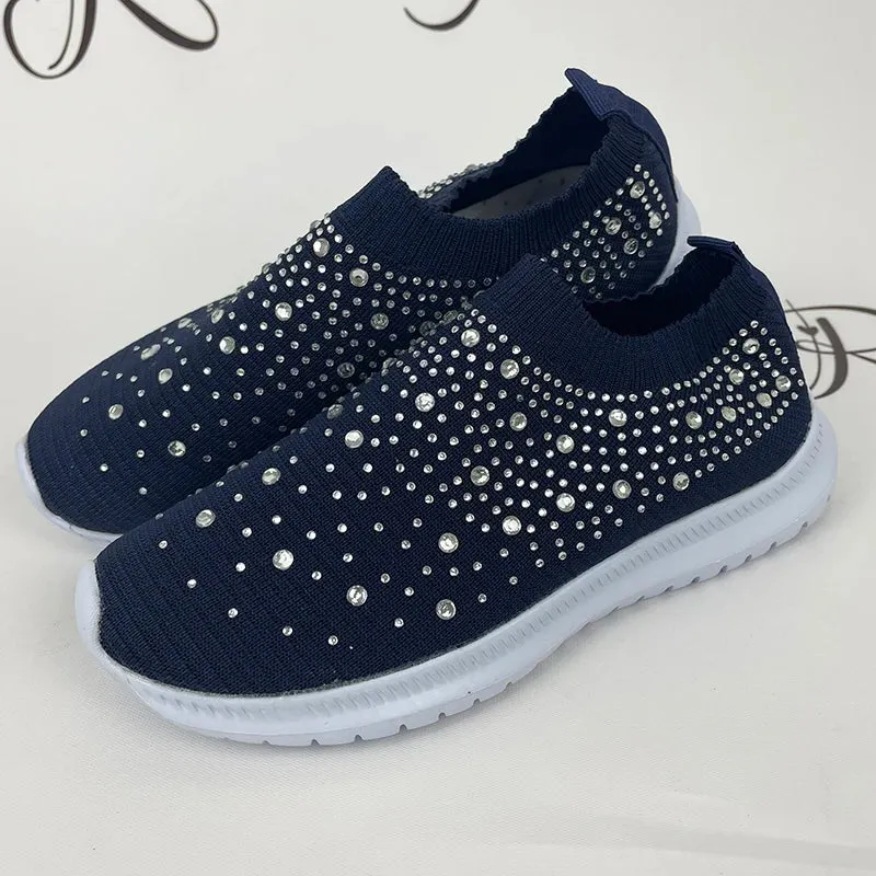 Crystal Breathable Mesh Sneaker Shoes for Women Comfortable Soft Bottom Flats Plus Non Slip