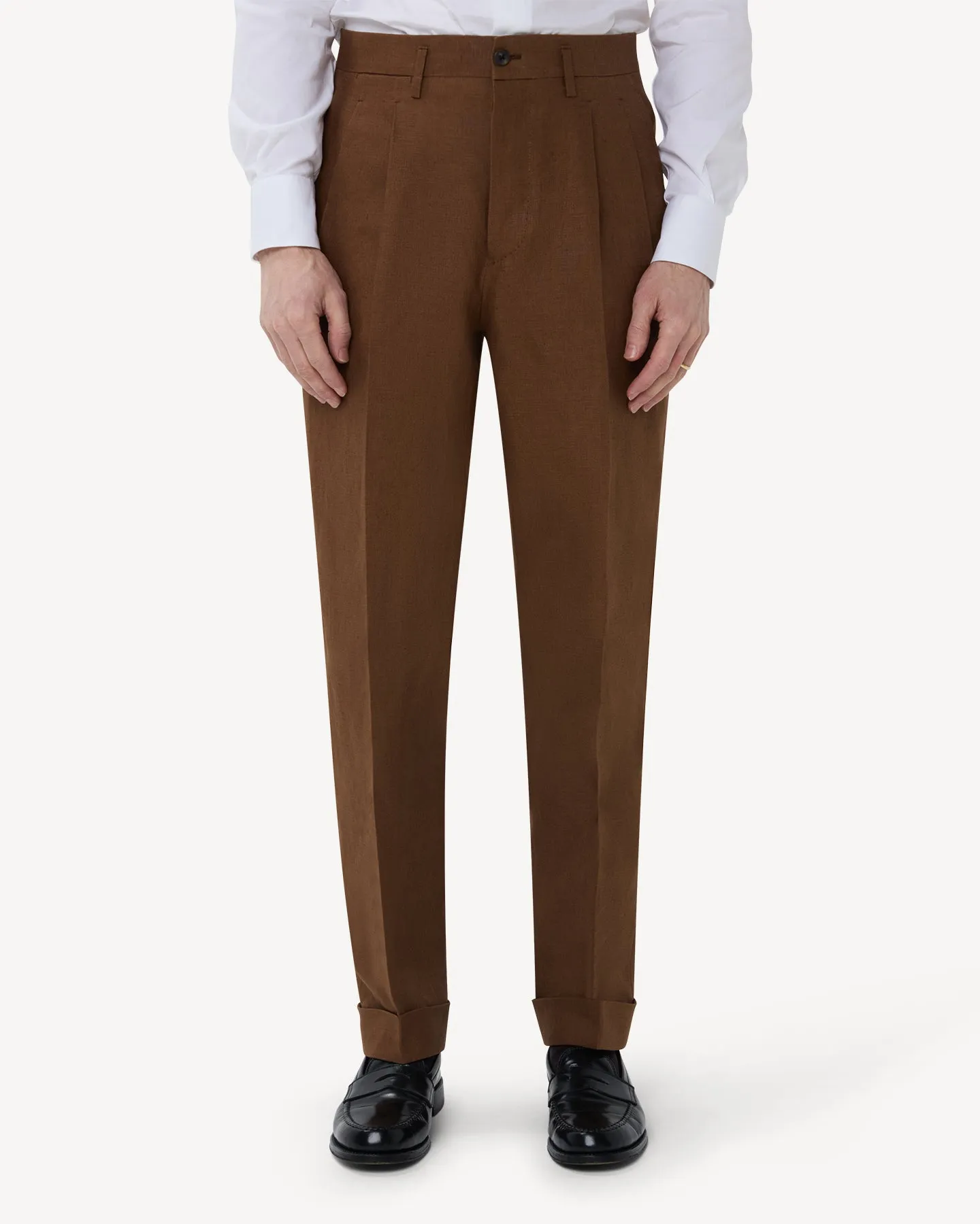Dark Tan Double Pleat Linen Trousers