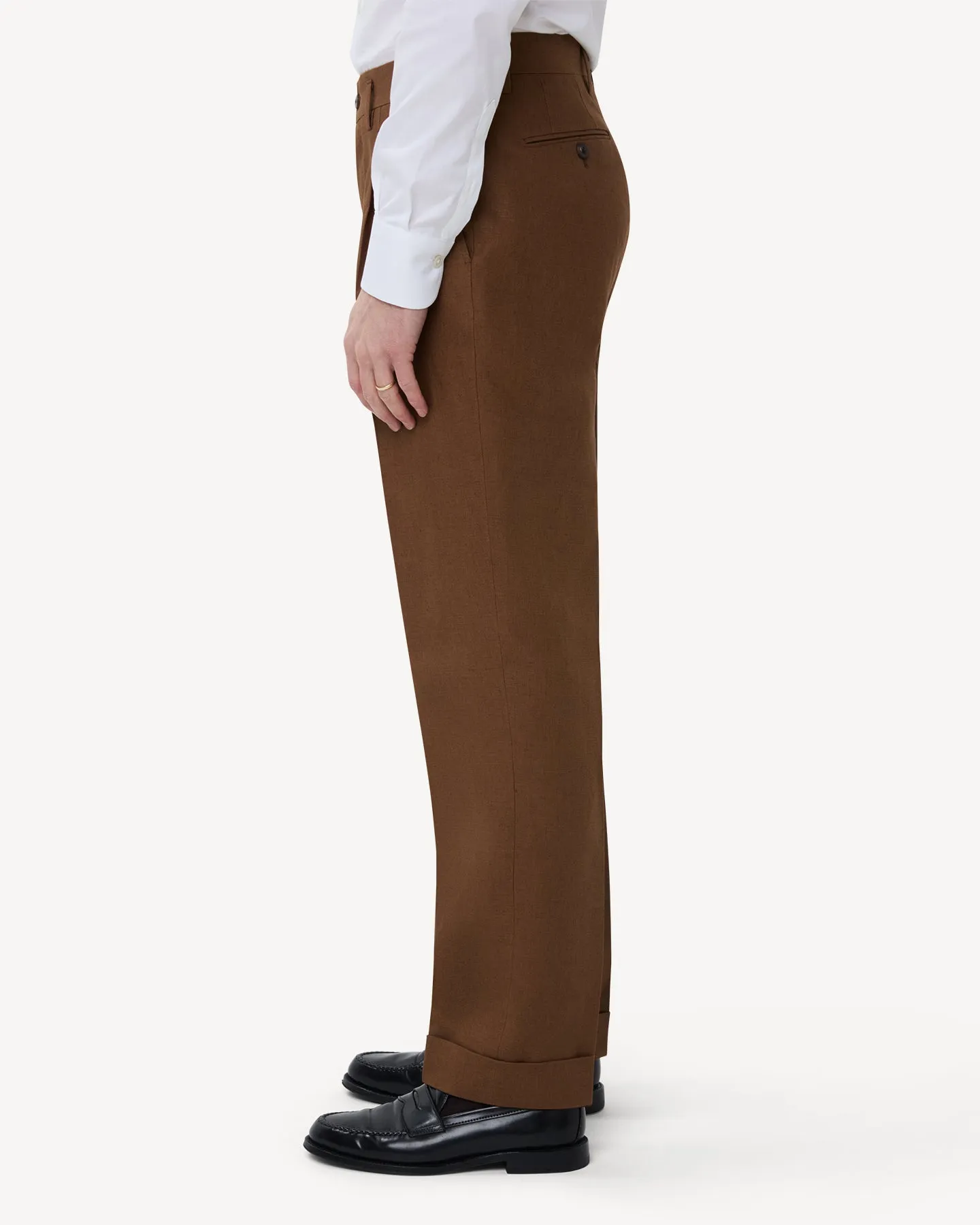 Dark Tan Double Pleat Linen Trousers
