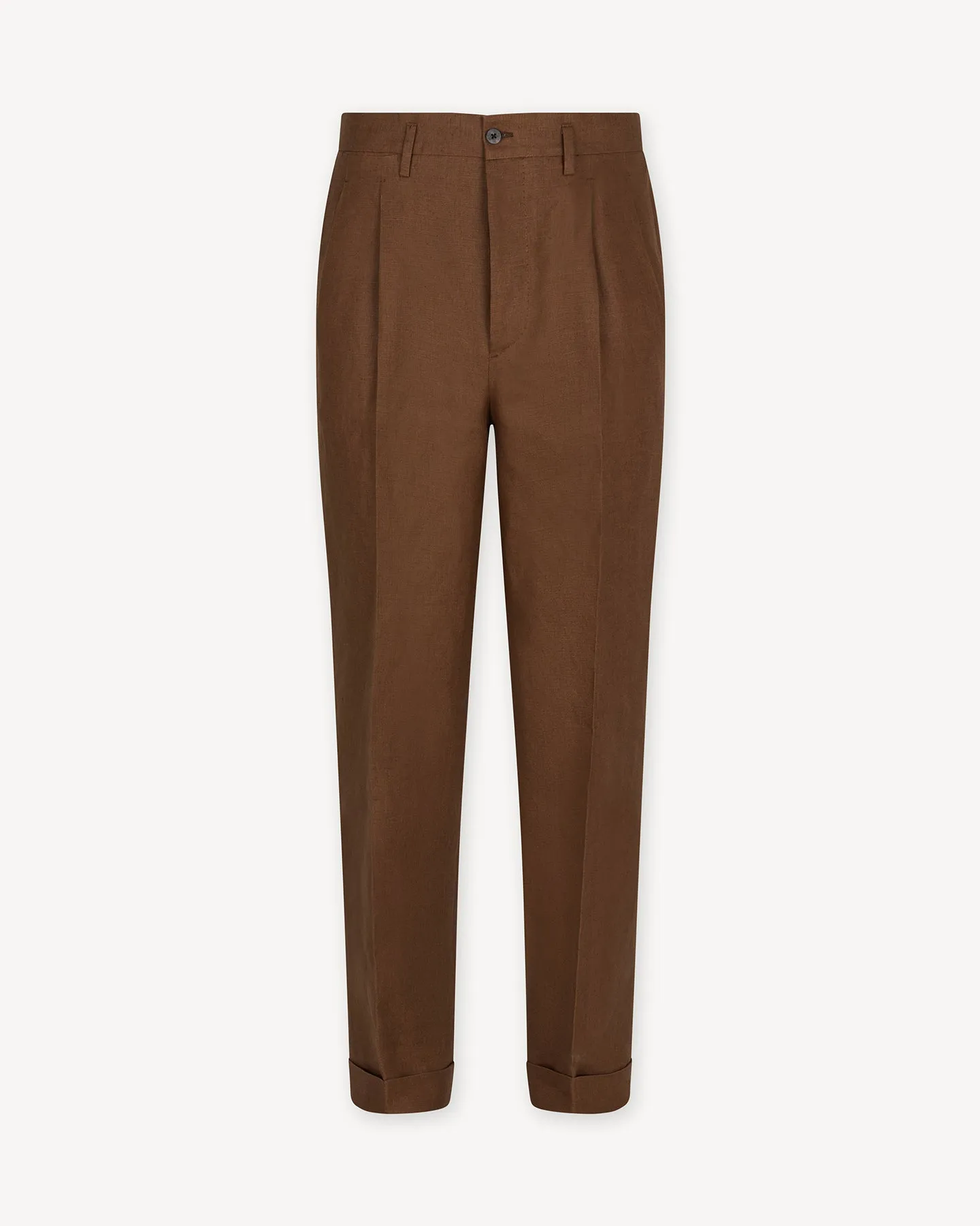 Dark Tan Double Pleat Linen Trousers