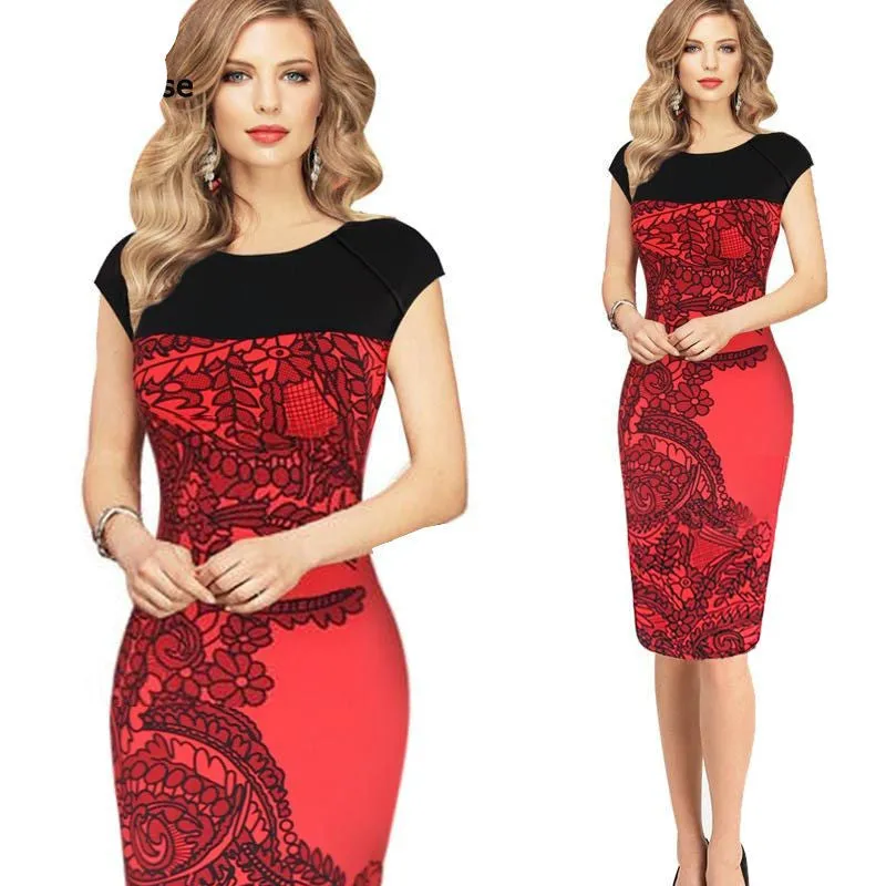 Dress Women Pinup Red Sheath Fitted Dress Business Work Pencil Dress Plus Size