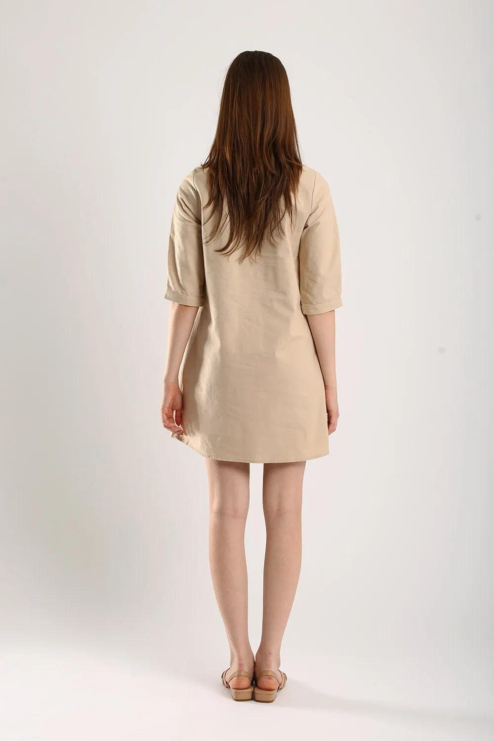 Emery Embroidered Cotton Shift Dress in Light Khakis