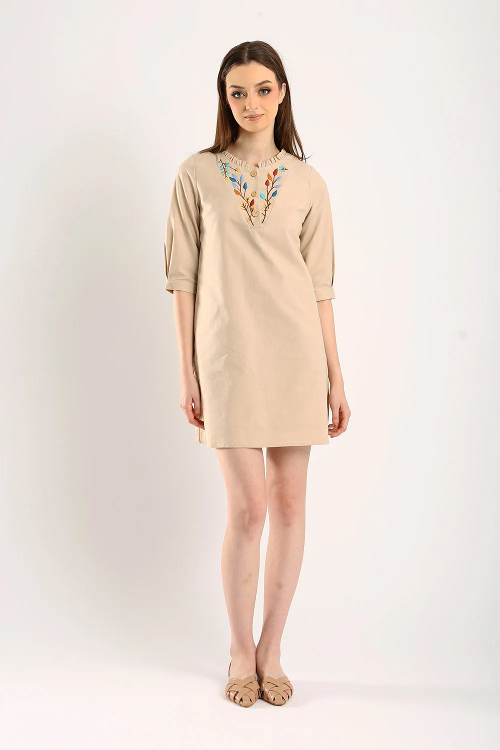 Emery Embroidered Cotton Shift Dress in Light Khakis
