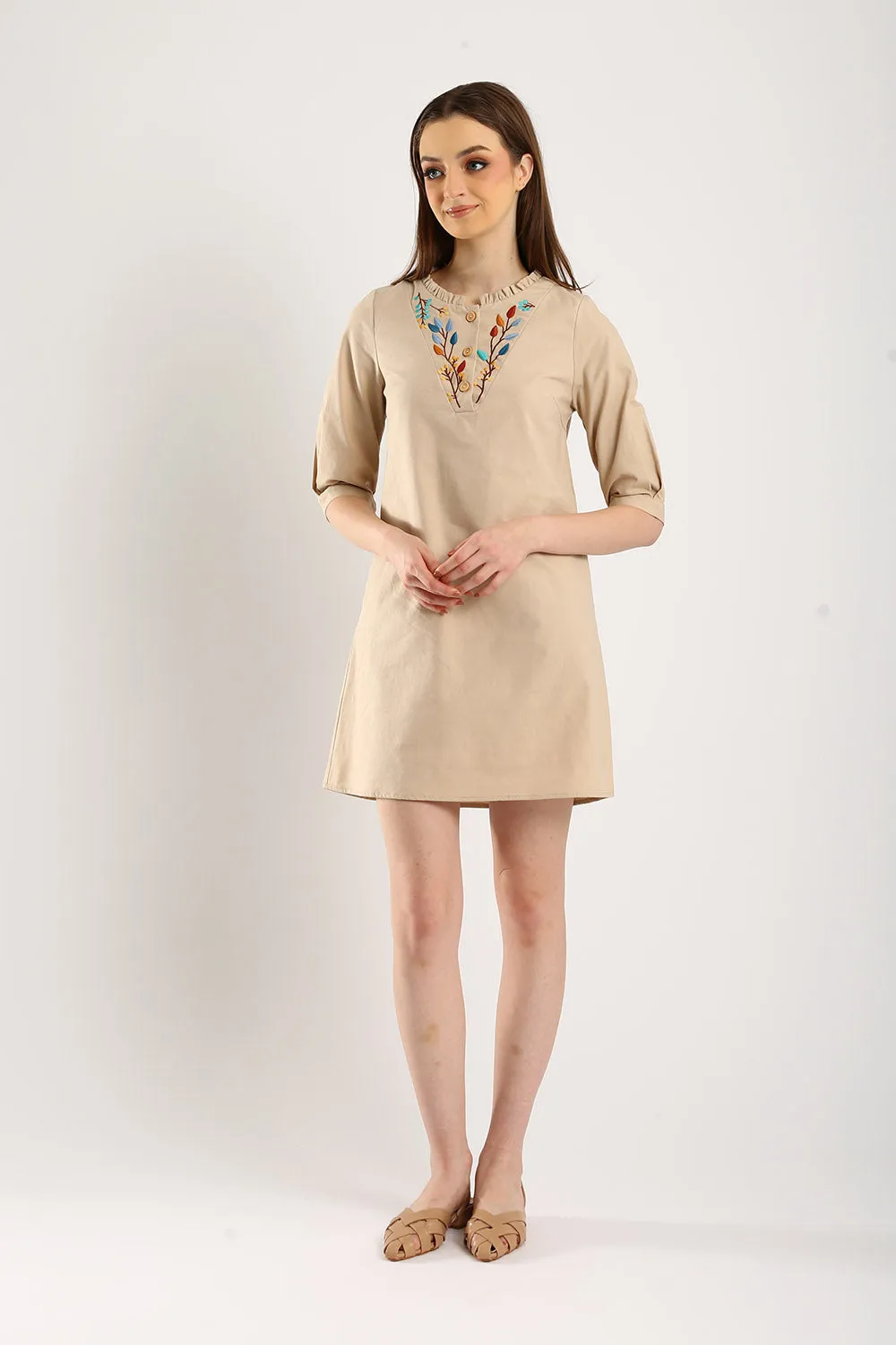 Emery Embroidered Cotton Shift Dress in Light Khakis