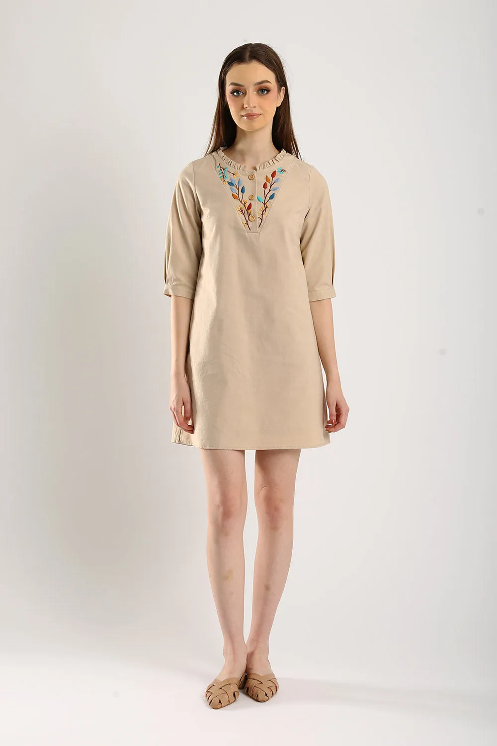 Emery Embroidered Cotton Shift Dress in Light Khakis