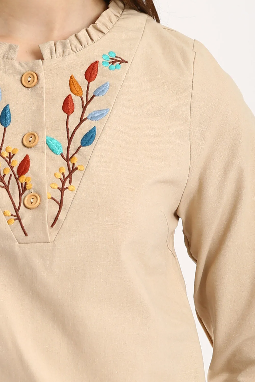 Emery Embroidered Cotton Shift Dress in Light Khakis