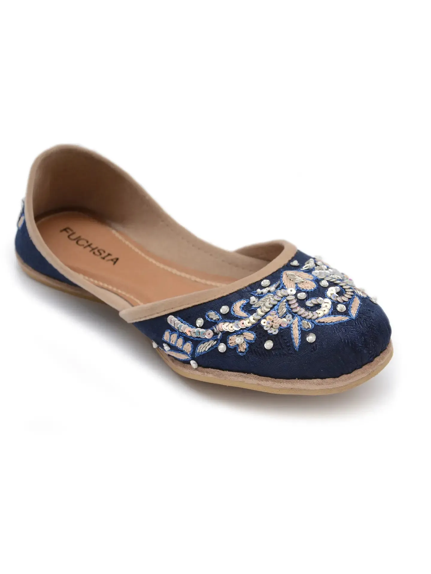 Fuchsia Navy Hand Embroidered Formal Leather Flats