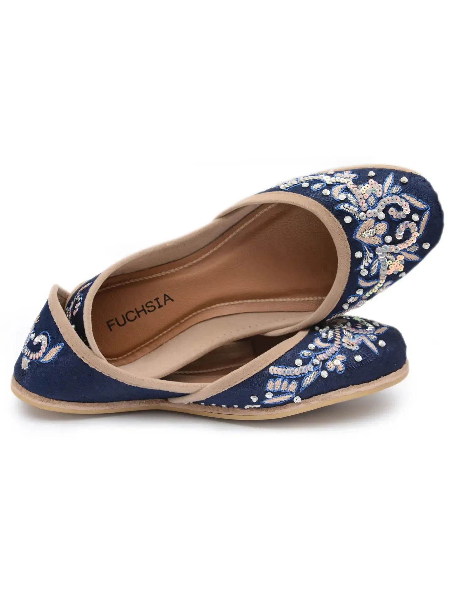 Fuchsia Navy Hand Embroidered Formal Leather Flats