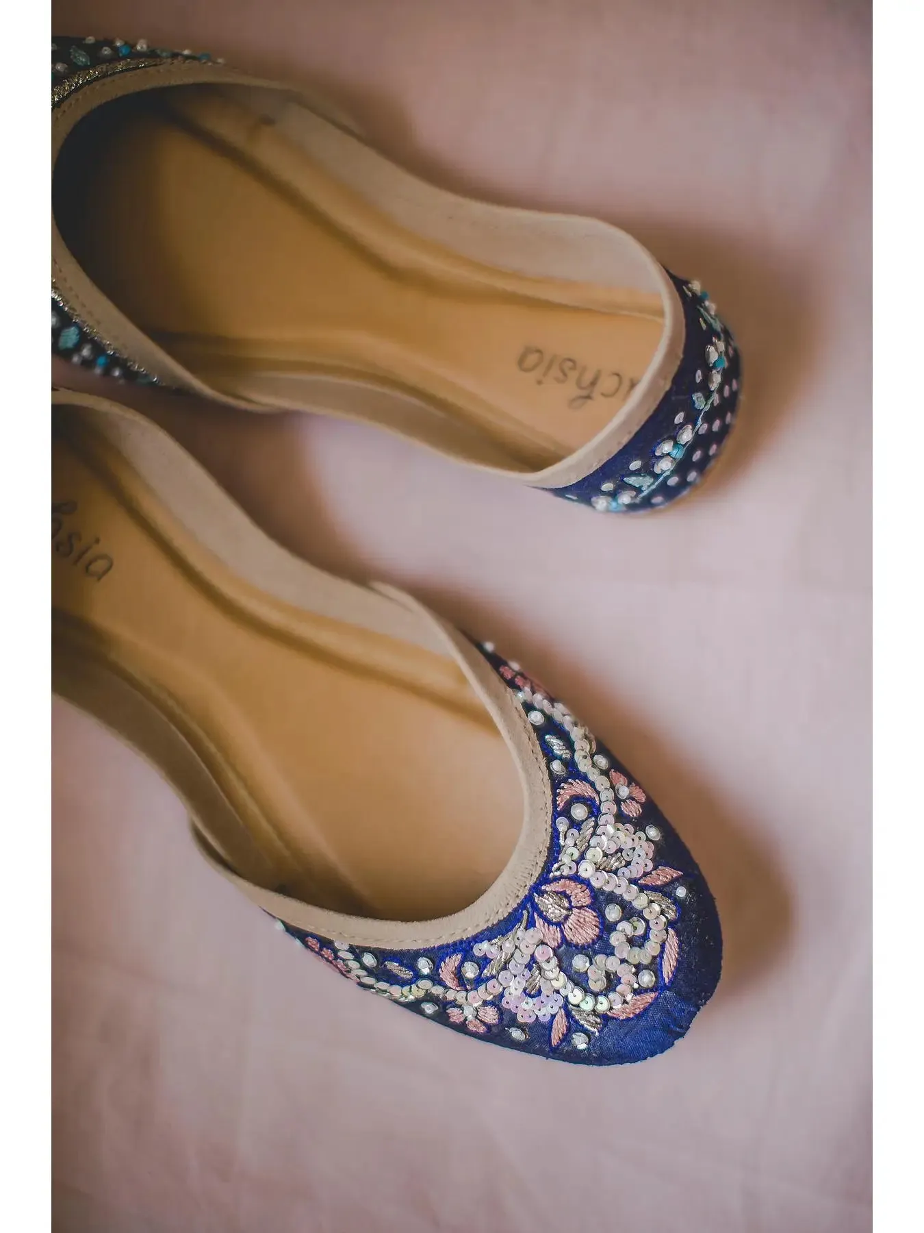Fuchsia Navy Hand Embroidered Formal Leather Flats