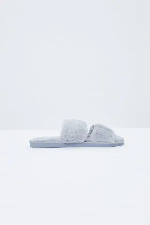 Grey Faux Fur Fluffy Slides