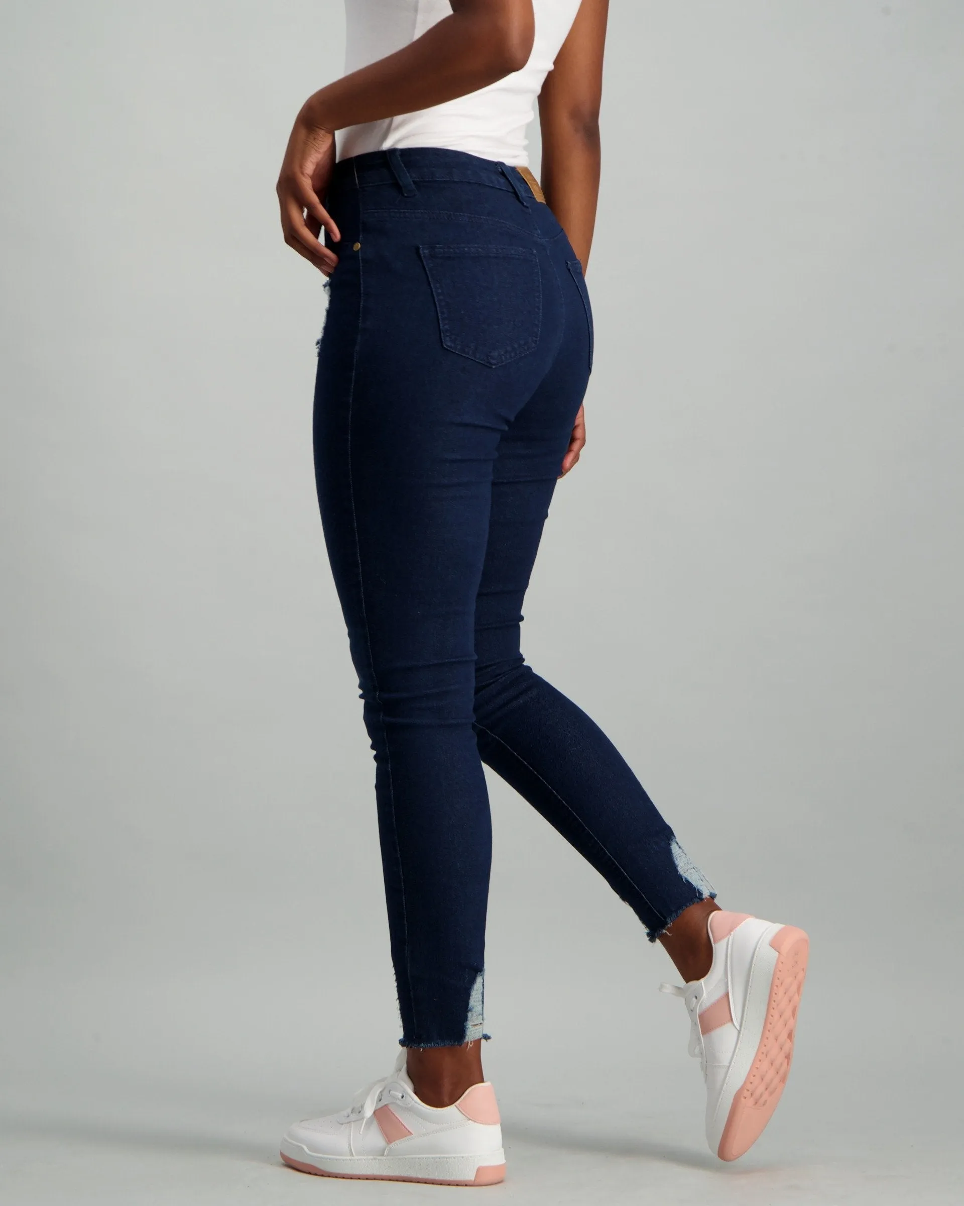 Ladies Dark Wash Ink Frayed Hem Skinny Denim Jean