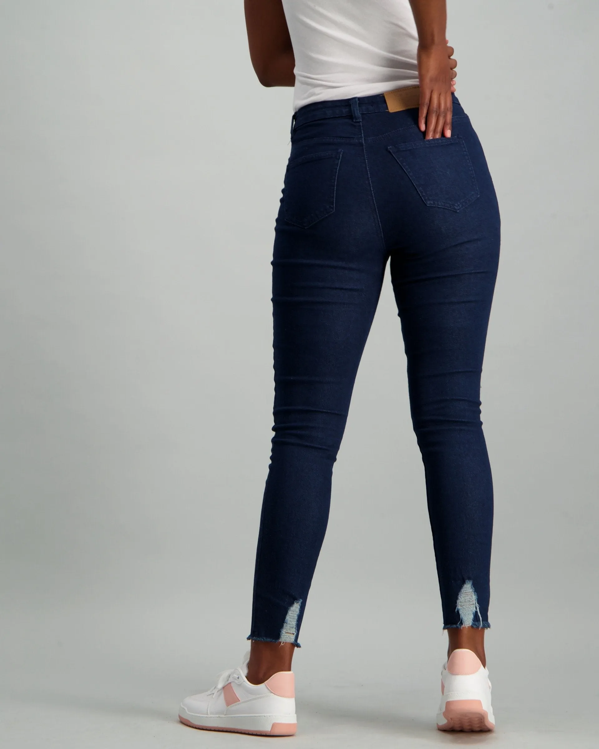 Ladies Dark Wash Ink Frayed Hem Skinny Denim Jean